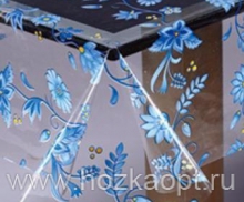 045a Клеенка MIRAGE 1,37*25м*0,10мм прозрачная с печатью (голубые цветы)